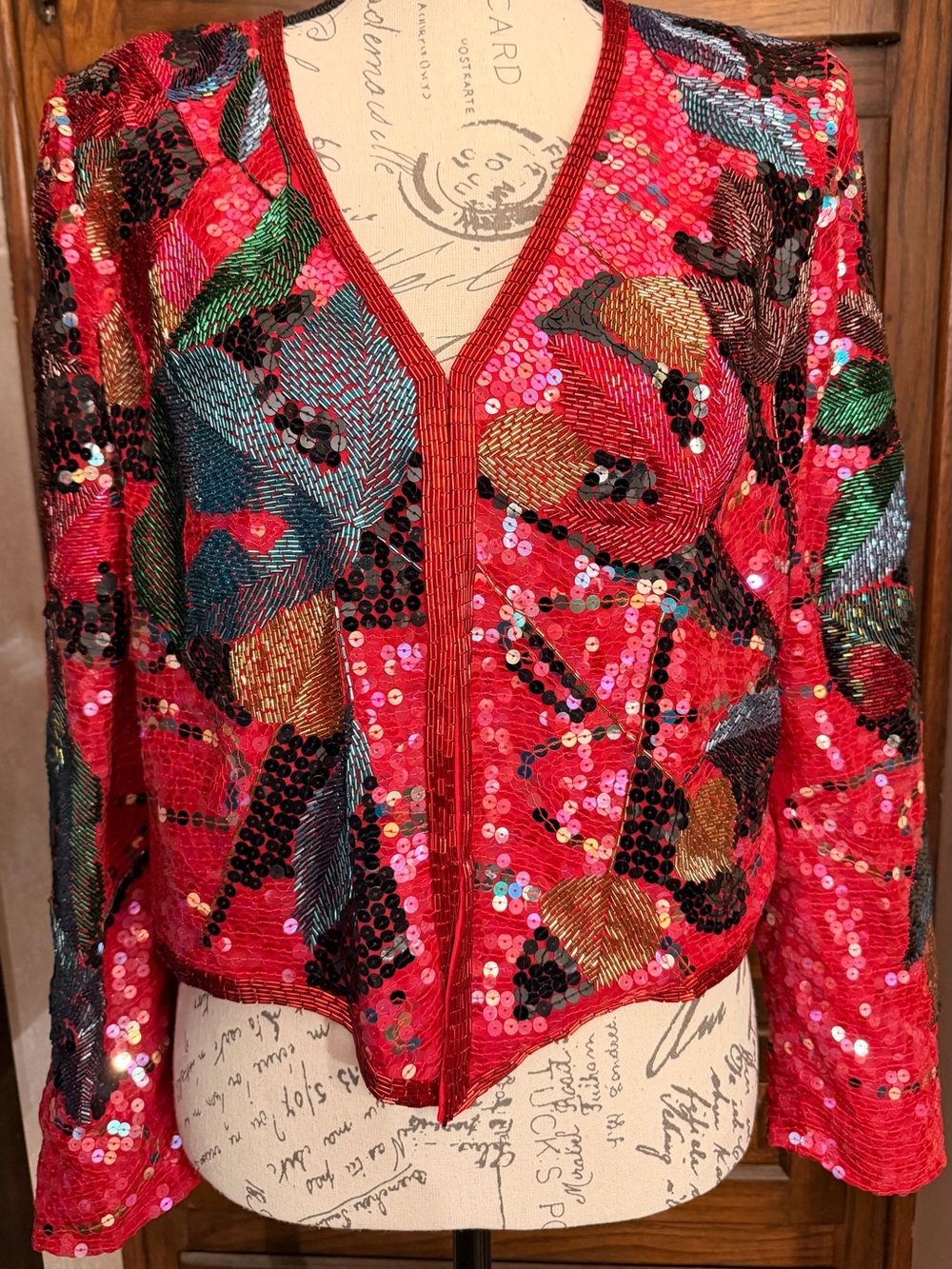 Women's Red Sequin Embellished V-Neck Jacket